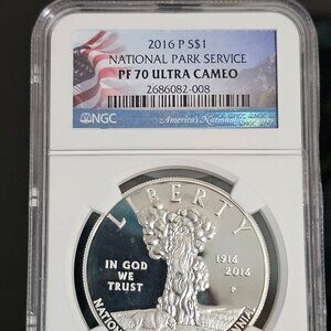 2016 National Park Service 100th silver proof $1 PF70 , only 77,367 made !!